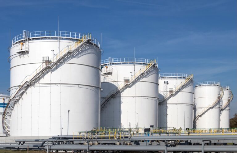 Oil storage tanks and pipes at the oil terminal